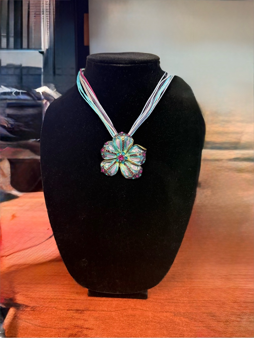 Multi-strand Cord Floral 20” Necklace Featuring a Large Enameled Flower Pendant